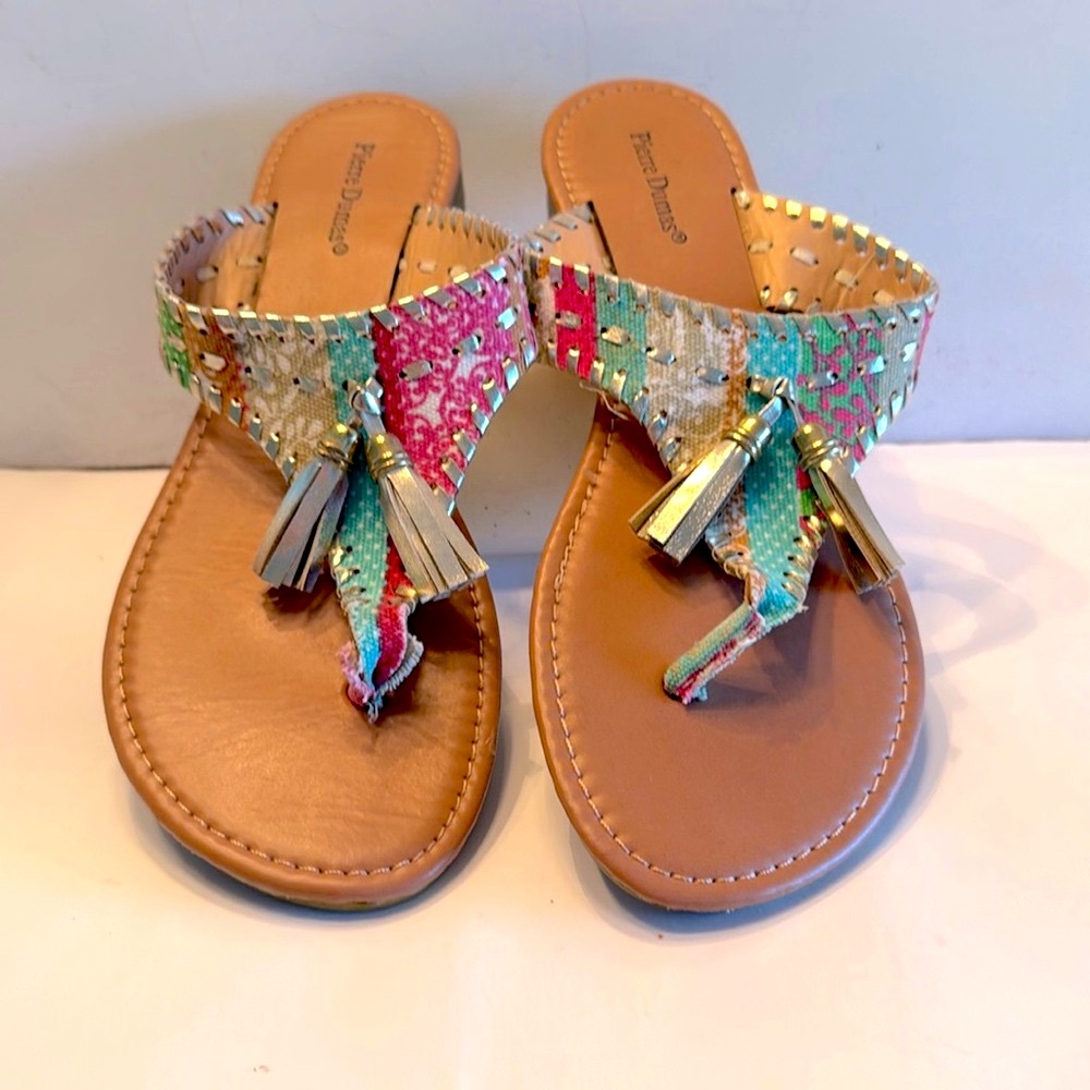 Pierre Dumas Rosetta sandals boho tassels aqua pink beige size 8